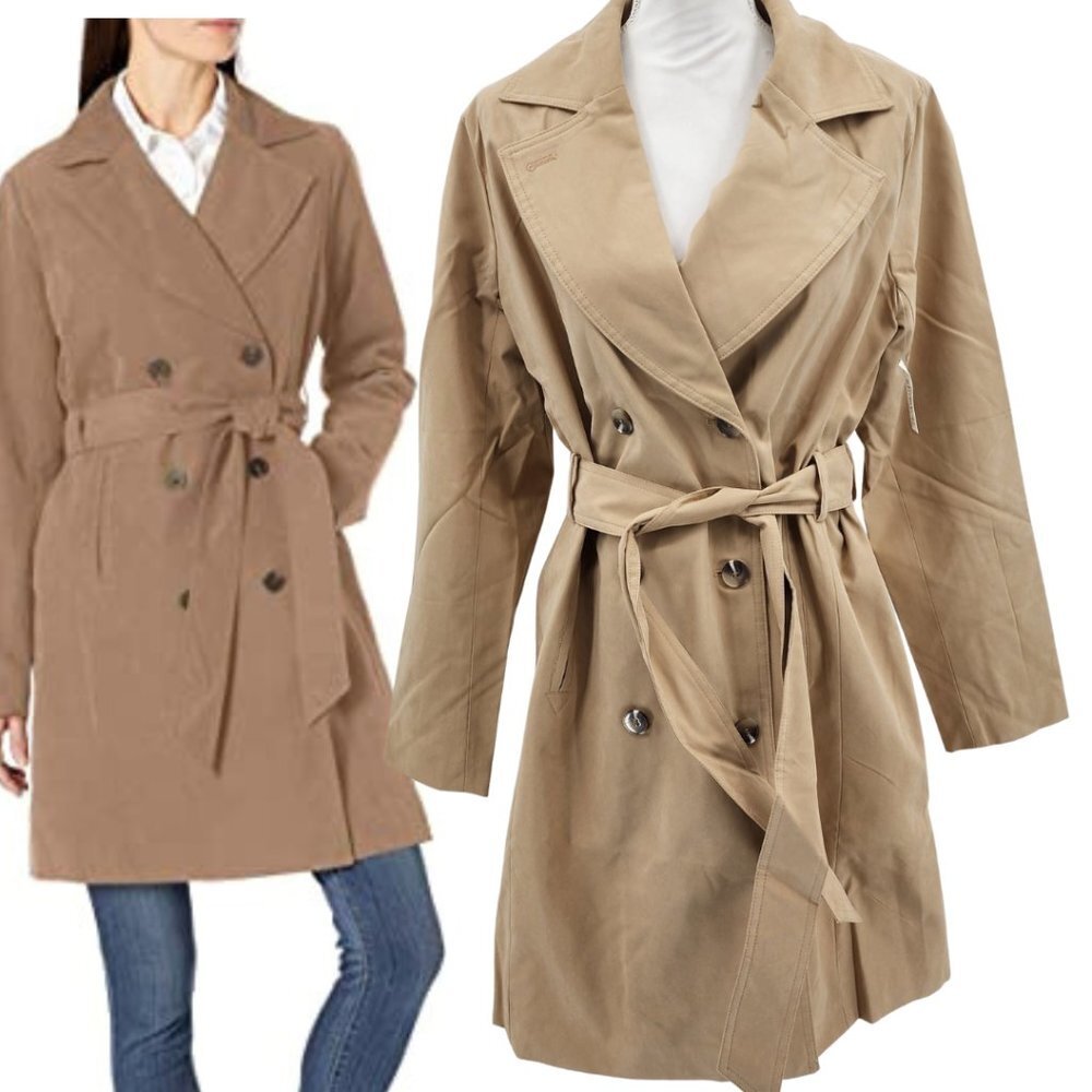 Ladies Khaki Tan Double Breasted Water Resistant Rain Trench Coat‎ M NWT